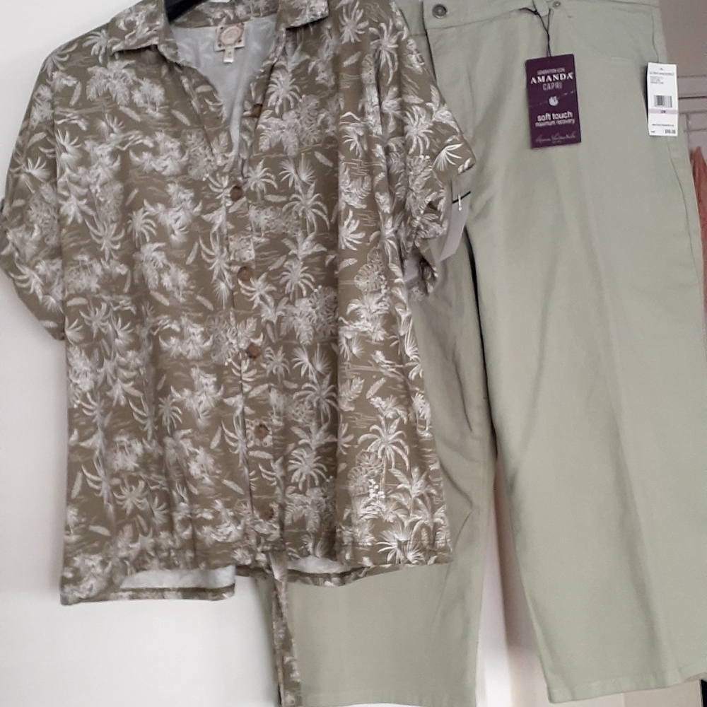 New Gloria Vanderbilt 22W Light Sage Green Capris With 2X Blouse